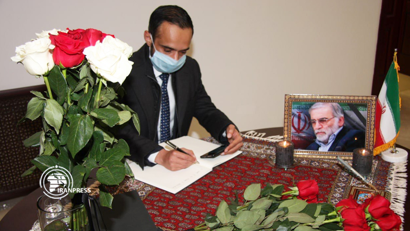 Memorial note of martyr Fakhrizadeh opens at Iranian Embassy in Belarus