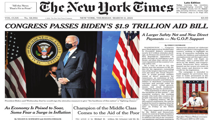 New York Times Newspaper March 11 2021 Congress Passes Biden's $1.9 Trillion Aid 
