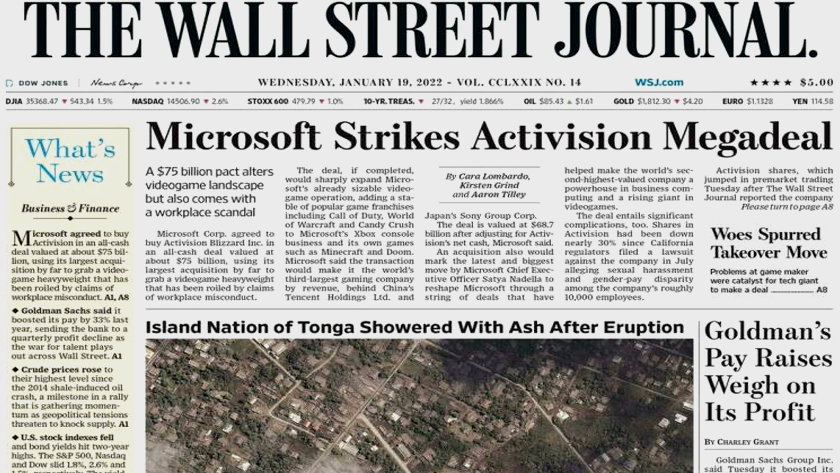 Microsoft to Buy Activision Blizzard in All-Cash Deal Valued at $75 Billion  - WSJ