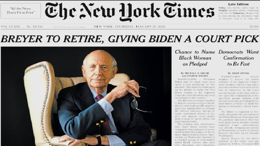 Breyer to retire, giving Biden a court pick