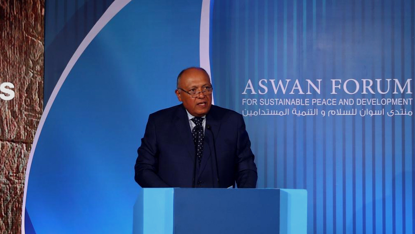 Egyptian Foreign Minister Sameh Shoukry addresses the third edition of the Aswan Forum for Sustainable Peace and Development in Cairo, Egypt, on June 21, 2022. (Xinhua/Ahmed Gomaa)