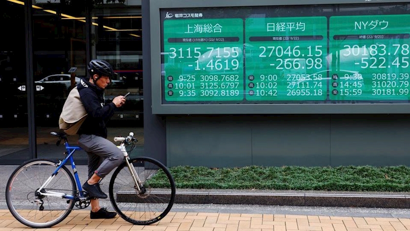 A man on a bicycle stands in front of an electronic board showing Shanghai stock index, Nikkei share price index and Dow Jones Industrial Average outside a brokerage in Tokyo, Japan September 22, 2022. REUTERS/Kim Kyung-Hoon