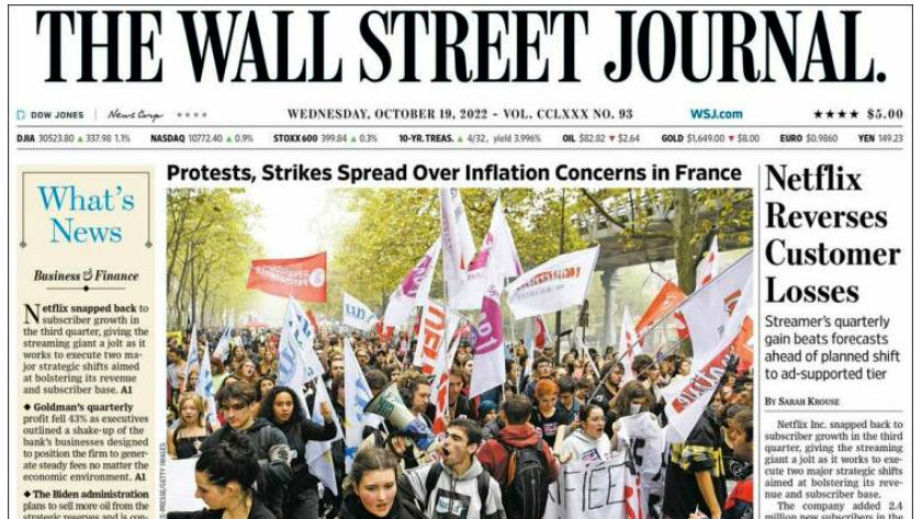 The Wall Street Journal: Protests, strikes spread over inflation concerns in France