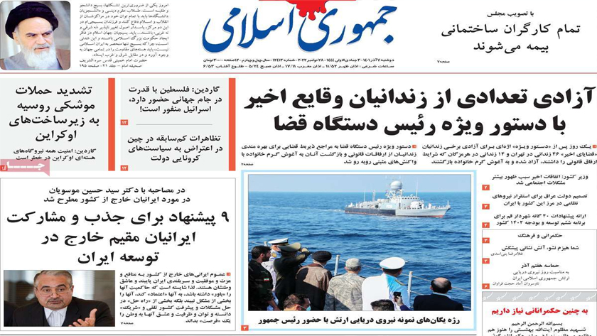 Jomhouri-e Eslami: President Raisi reviews model naval units of Army parade