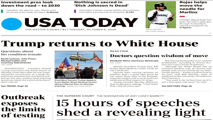 Iranpress: World Newspapers: Trump returns to White House after three-day hospitalization for COVID-19