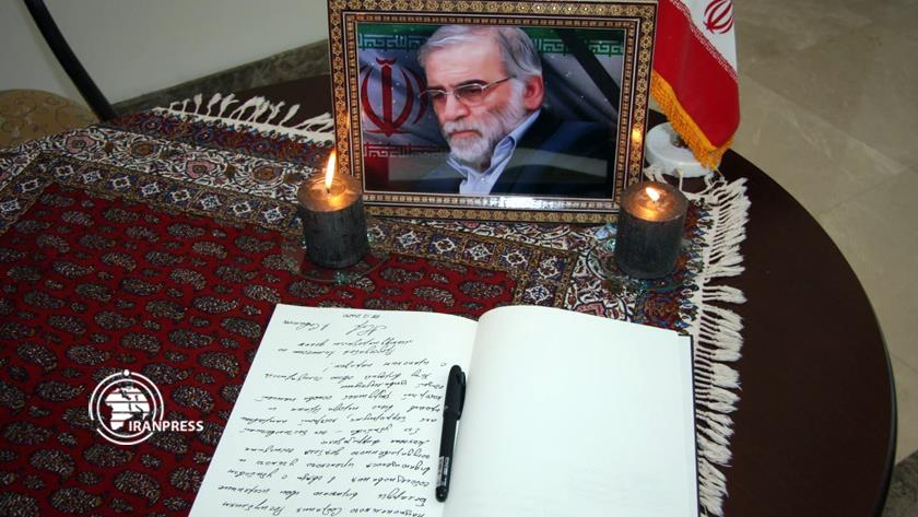 Iranpress: Memorial note of martyr Fakhrizadeh opens at Iranian Embassy in Belarus