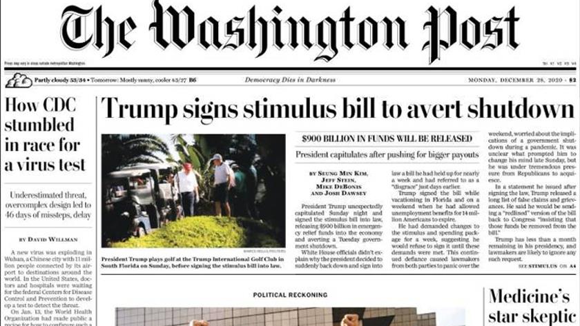 Iranpress: World Newspapers: Trump signs stimulus bill to avert shutdown