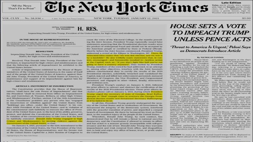Iranpress: World Newspapers: House sets a vote to impeach Trump unless Pence acts