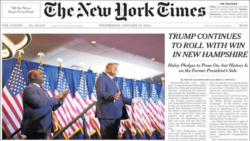 Iranpress: World newspapers: Trump continues to roll with win in New Hampshire