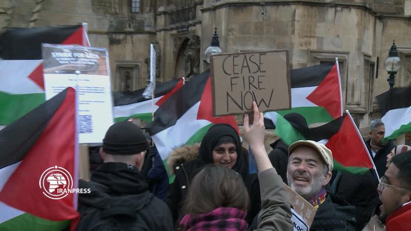 Iranpress: Palestinian supporters rally in front of British Parliament
