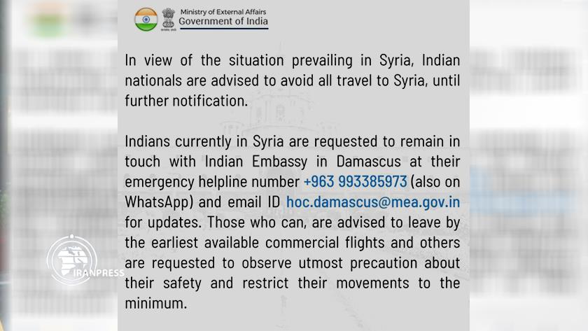 Iranpress: India Issues Urgent Travel Advisory Regarding Syria