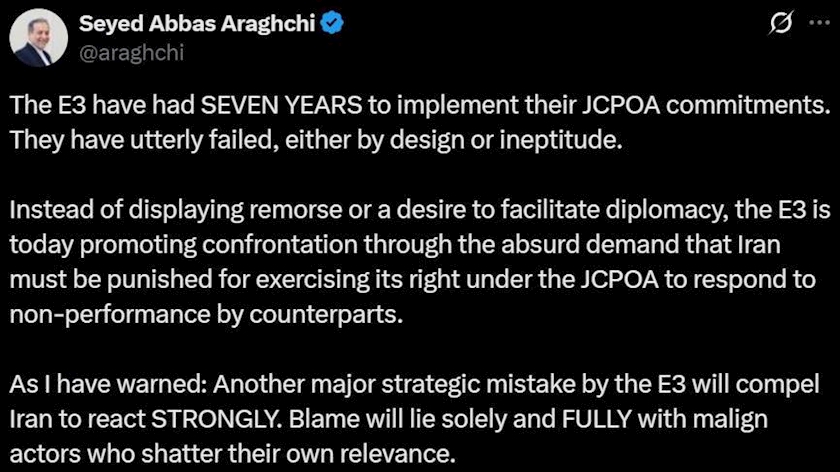 Iranpress: Iran FM Blames E3 for JCPOA Breakdown