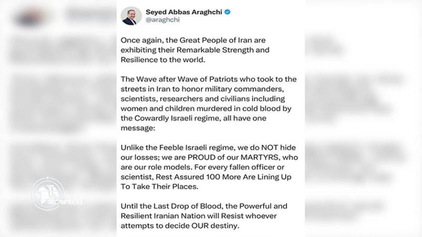 Iranpress: Araghchi: Iranian Nation Will Resist to the Last Drop of Blood