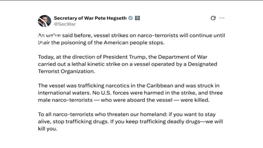 Iranpress: U.S. Hits Vessel Labeled as Drug-Linked; Three Killed