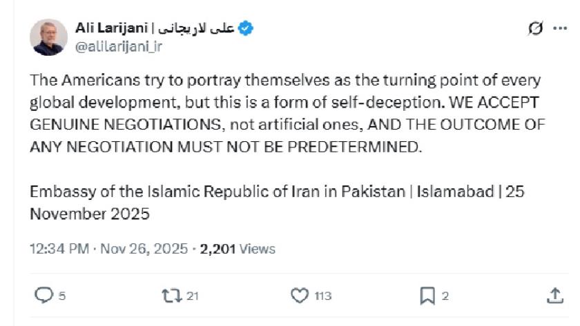 Iranpress: Iran’s Larijani: We Accept Genuine Negotiations, not Predetermined Outcomes