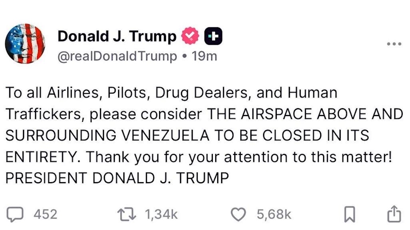 Iranpress: Trump Calls for Venezuela’s Airspace to be Considered 