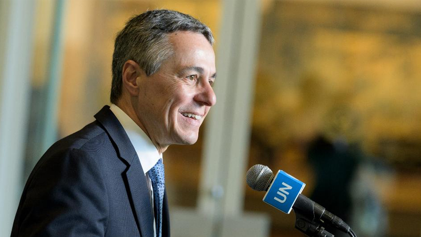 Ignazio Cassis, president of the Swiss Confederation, briefs reporters after Switzerland was elected as a non-permanent member of the UN Security Council at the UN Headquarters in New York, on June 9, 2022. (Manuel Elias/UN Photo/Handout via Xinhua)