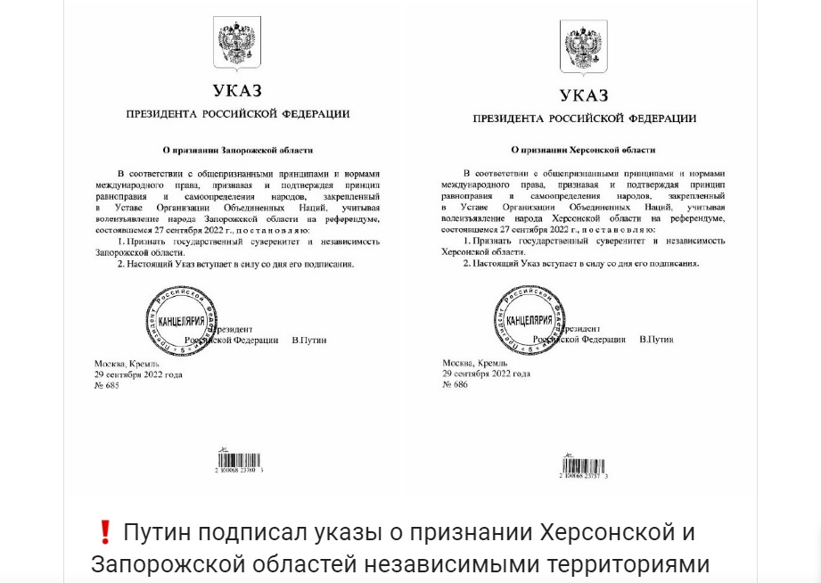 Russian president signs decree recognizing Zaporozhye, Kherson as  independent